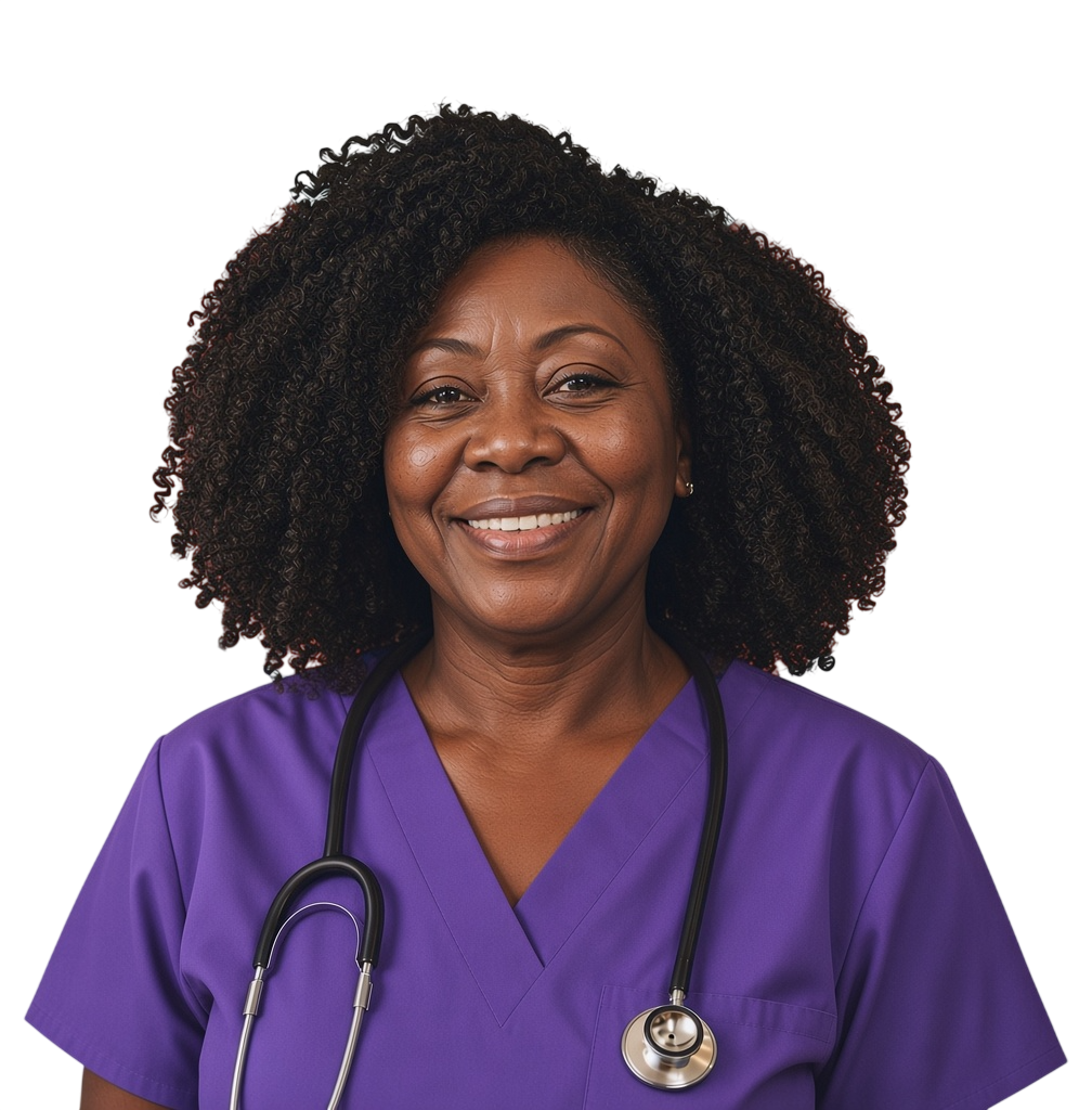 Smiling nurse in blue scrubs with a stethoscope